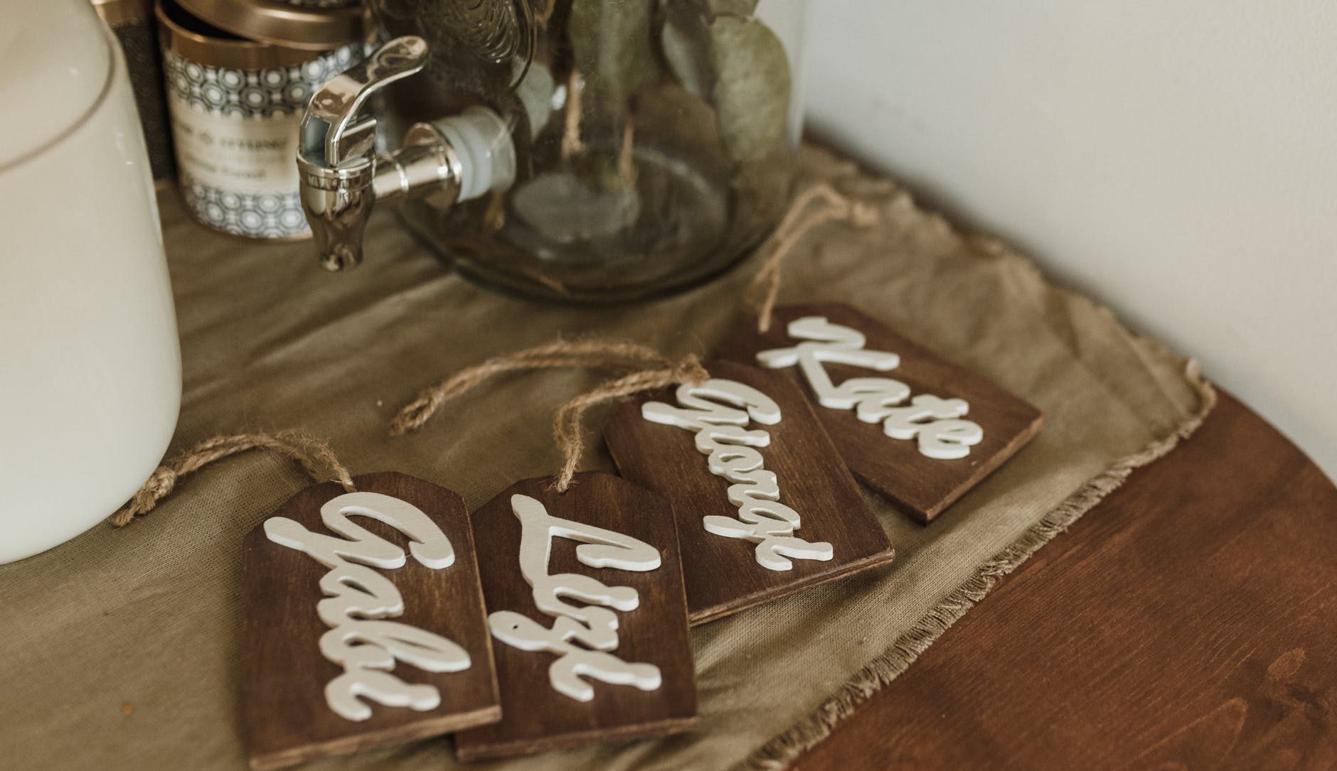 wooden name tags on the brown fabric
